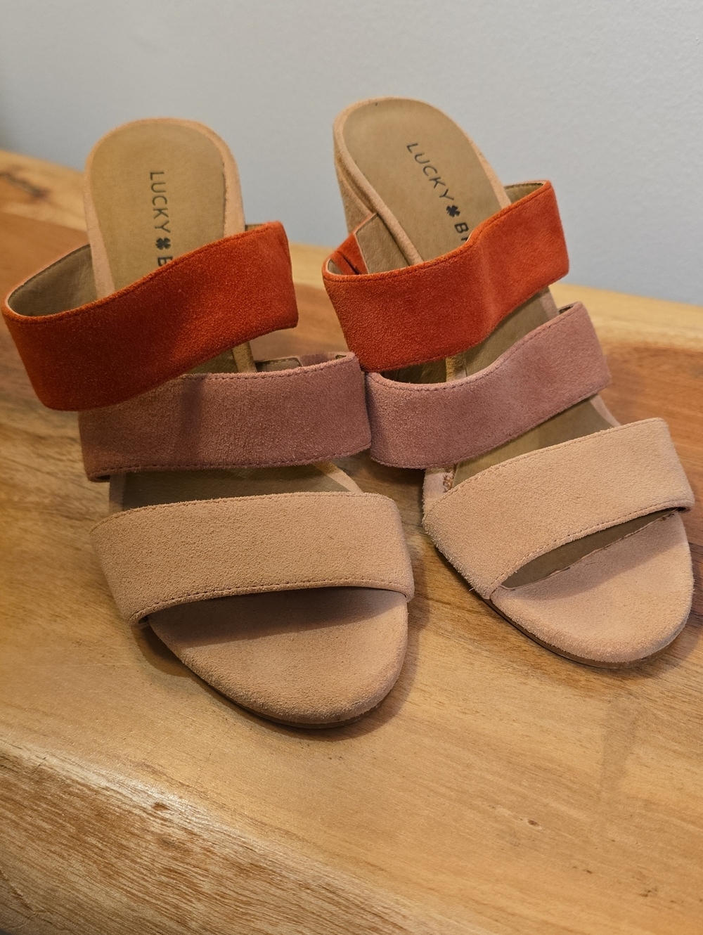 Lucky Brand Minna Triple-Strap Suede Mules in Orange, Dusty Pink, Peach